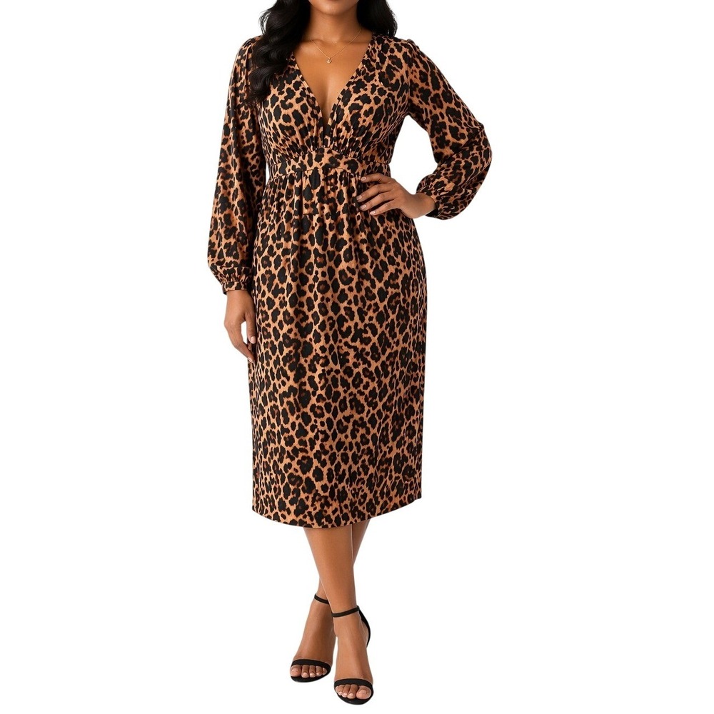 SHEIN Leopard Print Deep V-Neck‎ Puff Sleeve Midi Dress Brown Black XXL 14